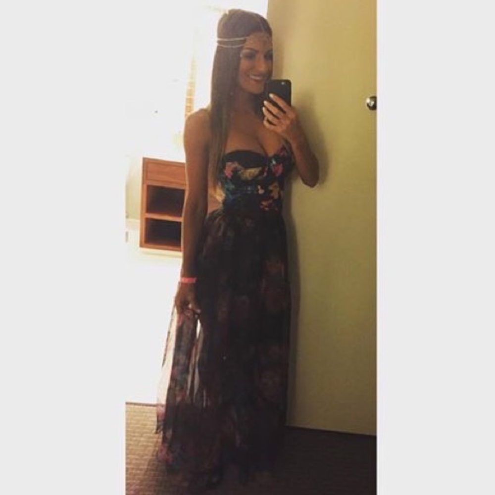 Bebe mini dress with sheer maxi over skirt